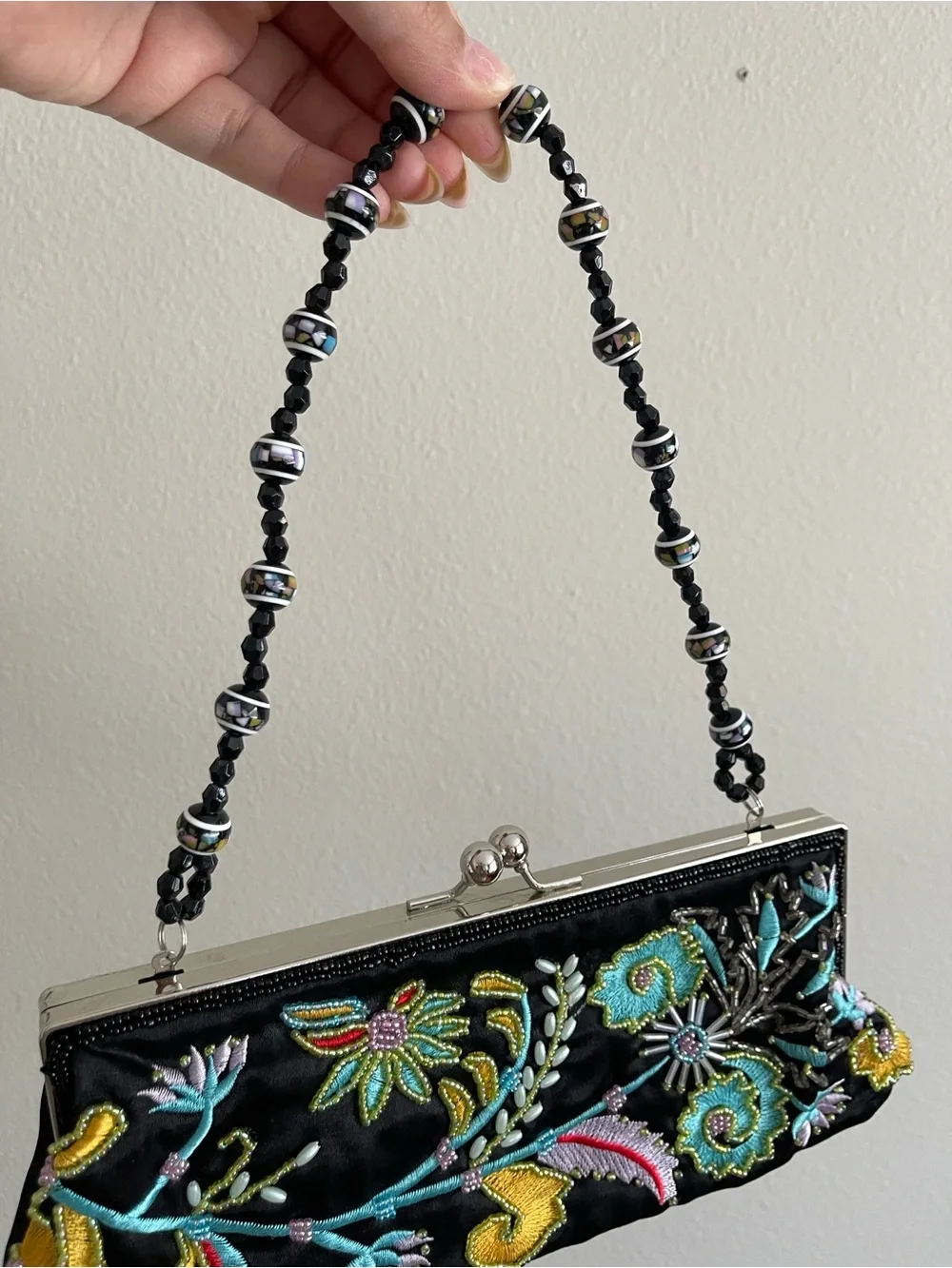 Chateau Black Satin Floral Embroidered Beaded-Handle Clutch